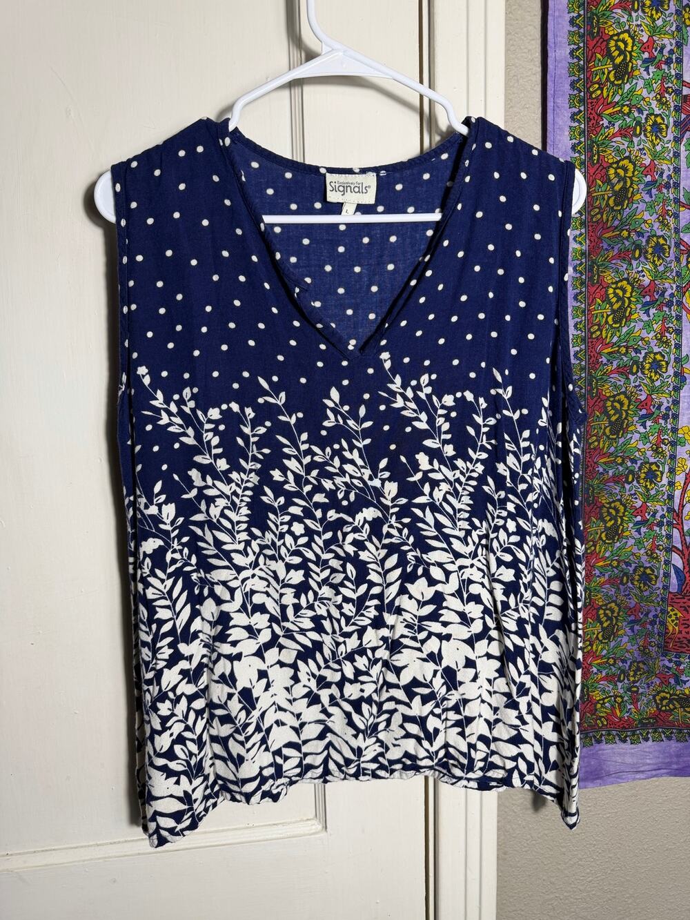 Signals Navy Polka Dot Floral Tank Top Women’s Large Sleeveless Cottagecore